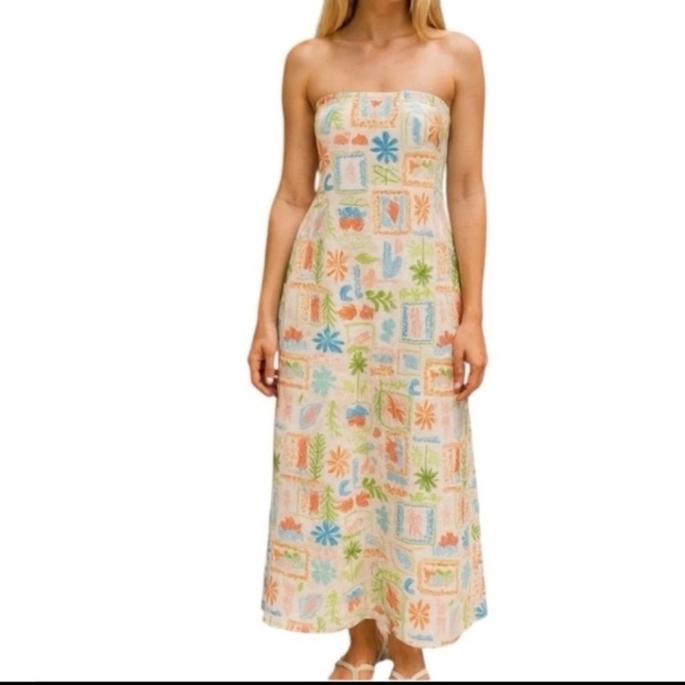 See You Monday Dress Womens XL Cream Multicolor Strapless Coastal Maxi Sundress